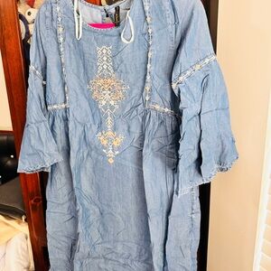 Light Blue Embroidered Denim Tunic Dress